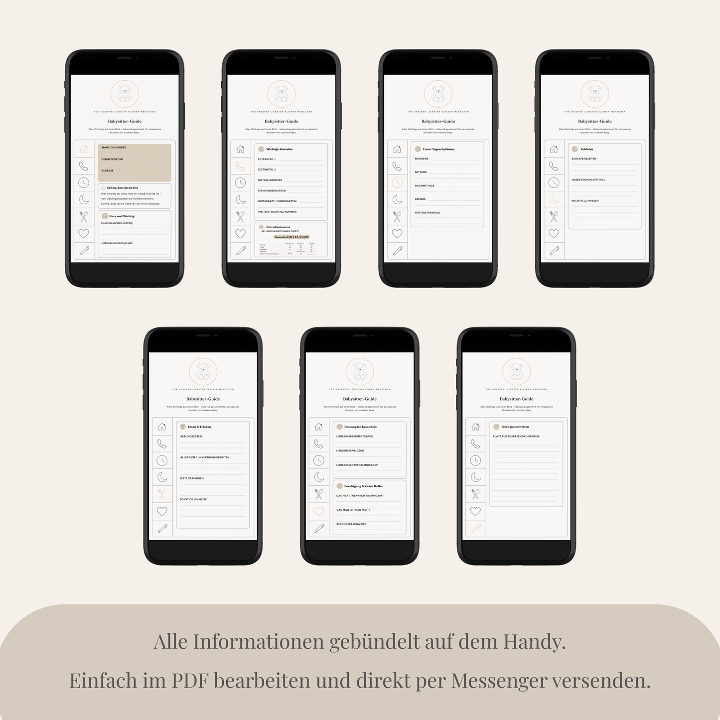 Ausfüllbares PDF Babysitter-Guide mit Feldern für Schlafenszeiten, Lieblingsessen und Notrufnummern