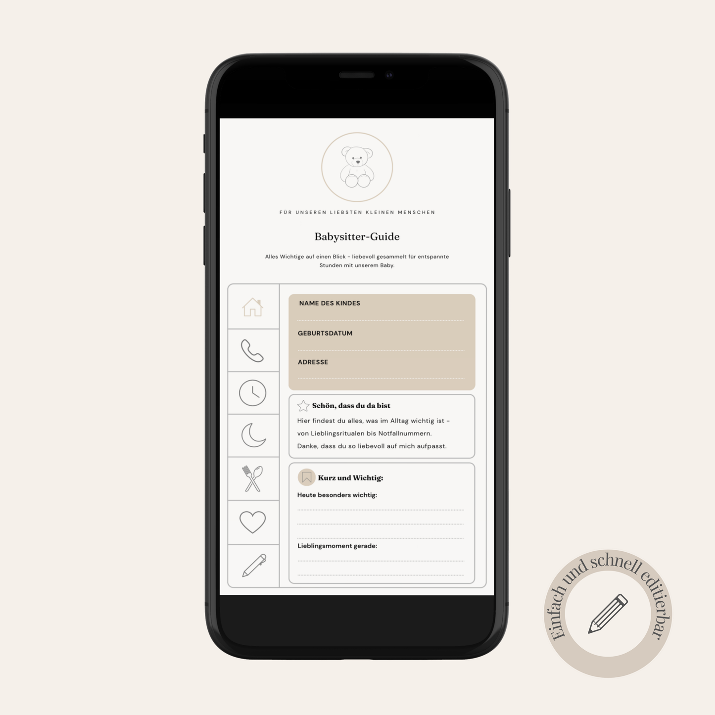 Smartphone zeigt ausgefüllten digitalen Babysitter-Guide mit Notfallkontakten und Teddy-Illustration