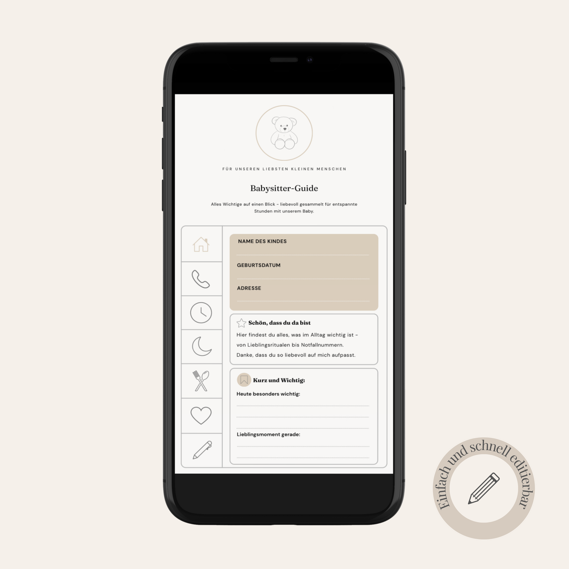 Smartphone zeigt ausgefüllten digitalen Babysitter-Guide mit Notfallkontakten und Teddy-Illustration