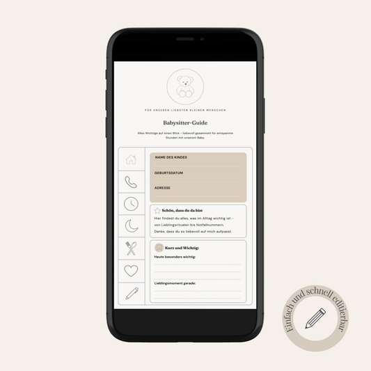 Smartphone zeigt ausgefüllten digitalen Babysitter-Guide mit Notfallkontakten und Teddy-Illustration