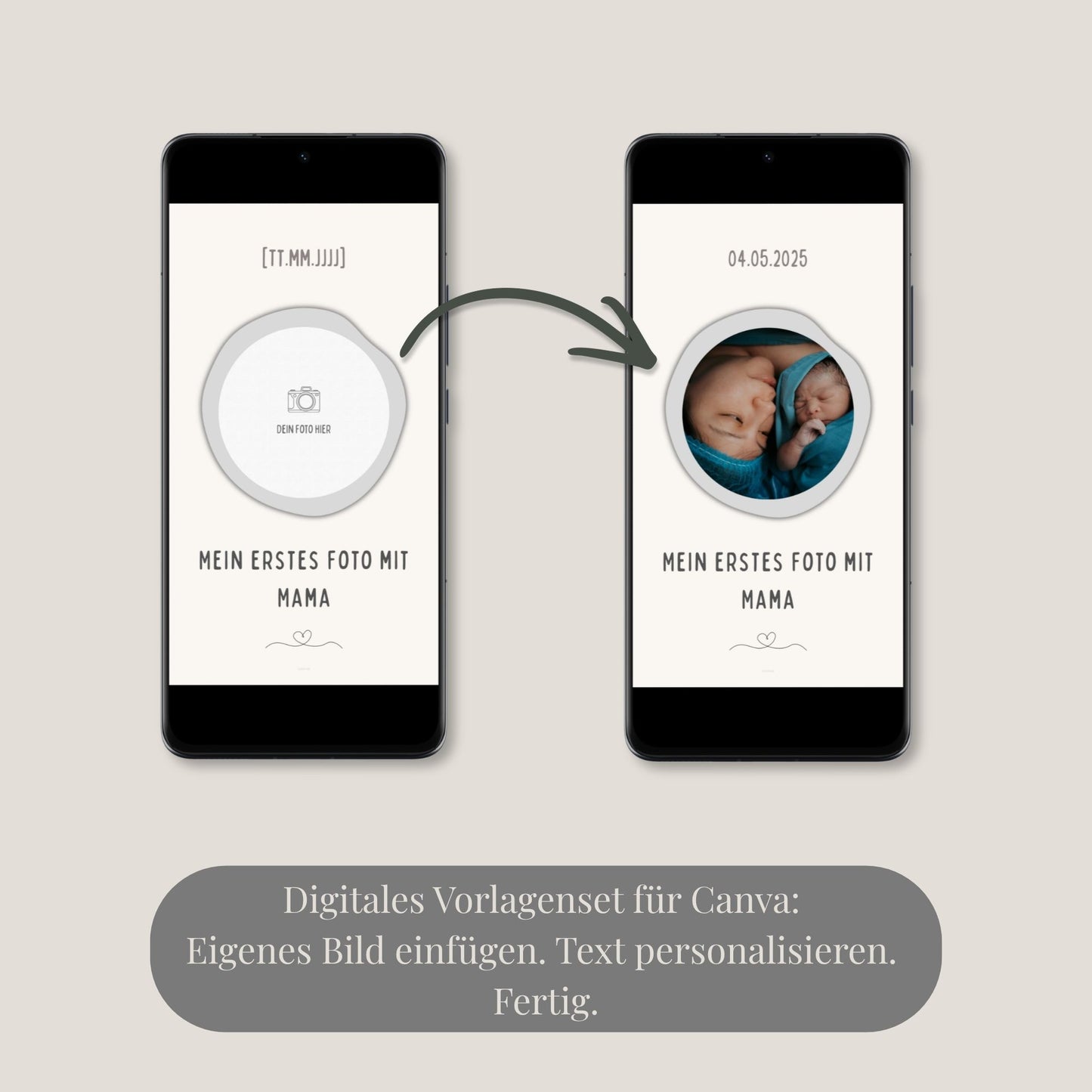 Infografik für ein digitales Vorlagenset für Canva. Zwei Smartphones zeigen den Bearbeitungsprozess: Links ein Platzhalter für das eigene Babyfoto mit Datum, rechts das fertige Design mit eingefügtem Foto und personalisiertem Text.