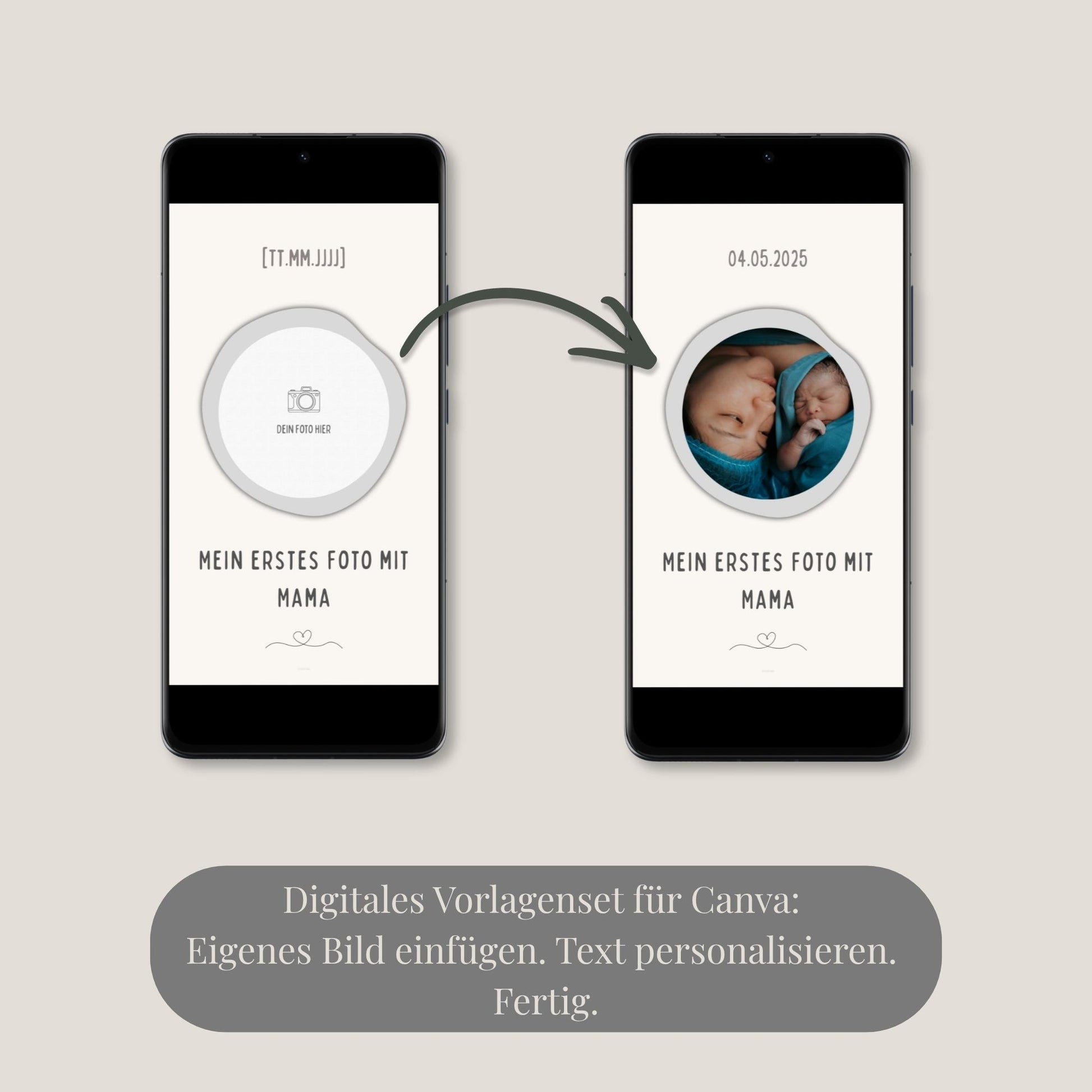 Infografik für ein digitales Vorlagenset für Canva. Zwei Smartphones zeigen den Bearbeitungsprozess: Links ein Platzhalter für das eigene Babyfoto mit Datum, rechts das fertige Design mit eingefügtem Foto und personalisiertem Text.
